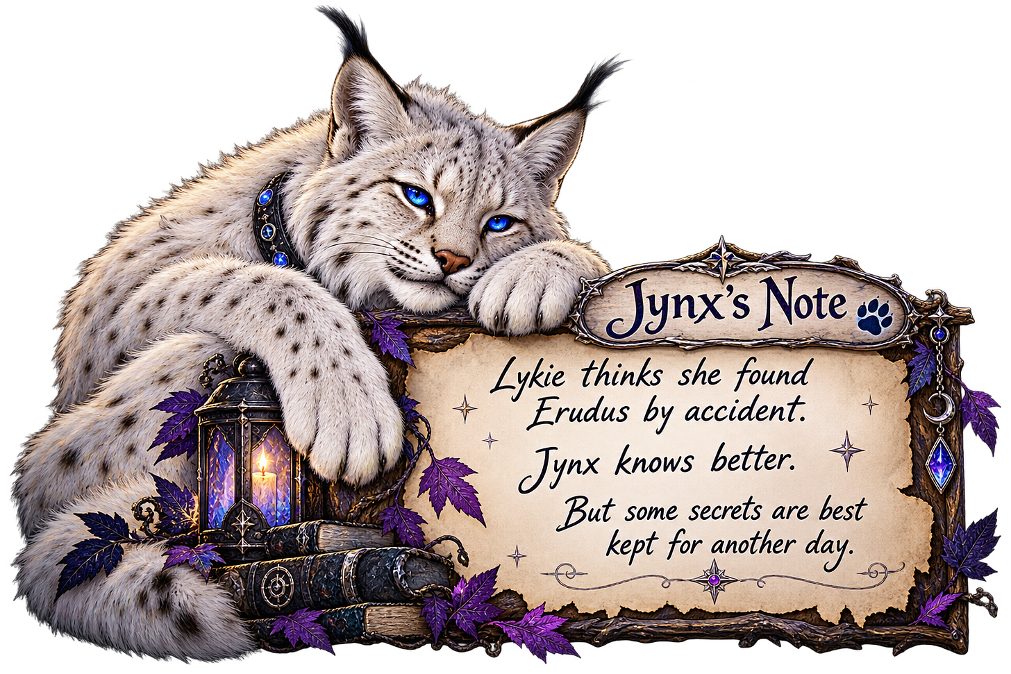 Jynx's Note - Lykie thought she found Erudus by accident. Jynx knows better. Some secrets best kept for another day. Jynx's Note - Lykie thought she found Erudus by accident. Jynx knows better. Some secrets best kept for another day.