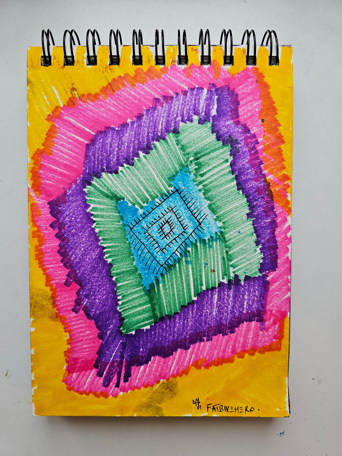 Alt Text: A vibrant abstract marker drawing by FatbikeHero titled "Exponential A.I. The Day After A.G.I." The image features concentric, rough-edged squares in yellow, pink, purple, and green, leading to a central blue grid pattern resembling a microchip. Alt Text: A vibrant abstract marker drawing by FatbikeHero titled "Exponential A.I. The Day After A.G.I." The image features concentric, rough-edged squares in yellow, pink, purple, and green, leading to a central blue grid pattern resembling a microchip.