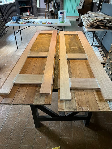a set of photos showing the rebating, glueing, sanding and painting of a set of wooden doors.