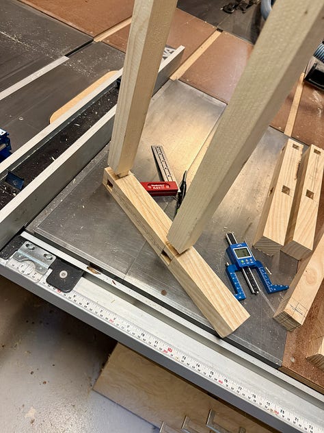 Three-step woodworking process. Left: wooden legs and rails laid out on a table saw for fitting. Center: cutting grooves into rails with a router table. Right: bench frame clamped together on a workbench during glue-up.