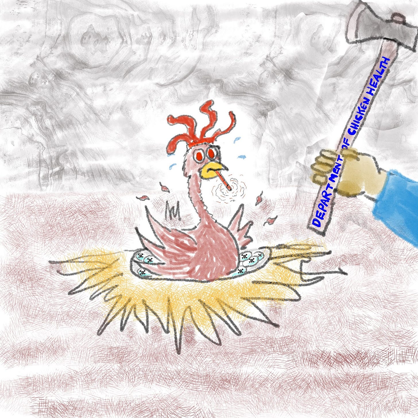 Chicken sitting on toxic eggs