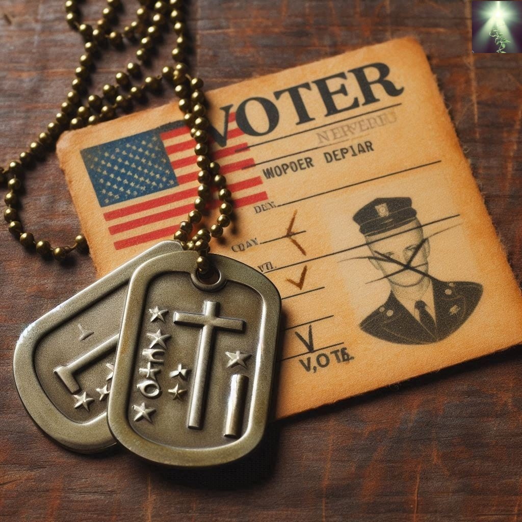 Stylised image showing representations of military dog tags and a defaced voter ID card.