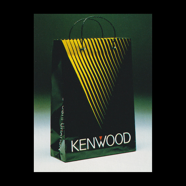Kenwood logo, packaging, bag and car livery by PAOS, 1982, Japan