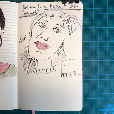 Photos de mon sketchbook où l’on voit les 16 portraits que j’ai réalisés lors de la session.