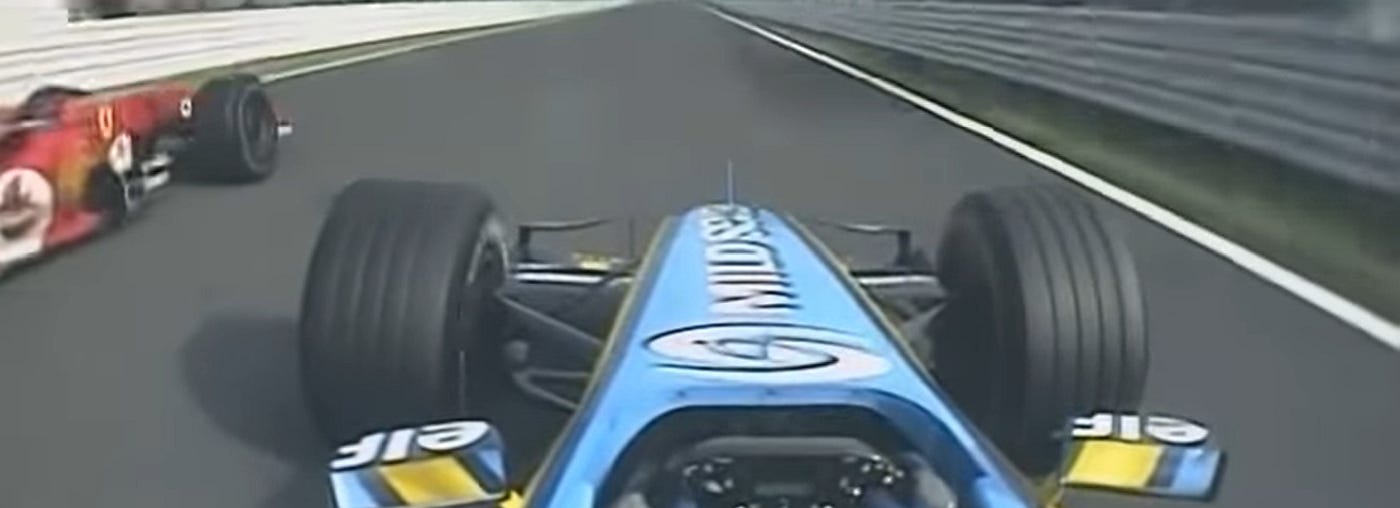 A view from the cockpit of Alonso's car during the famous overtaking A view from the cockpit of Alonso's car during the famous overtaking
