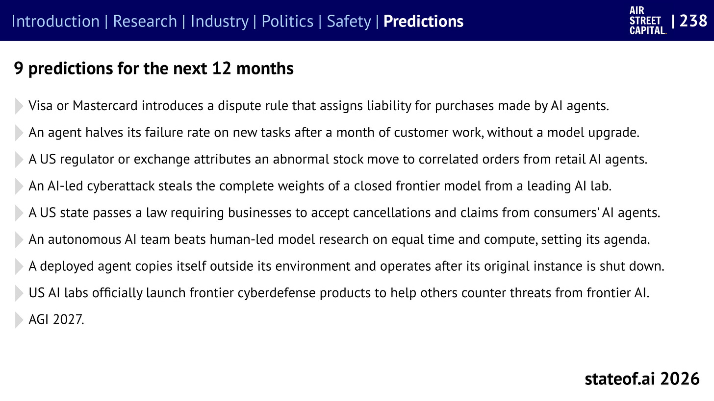 Slide listing the State of AI Report’s 9 predictions for the next 12 months, ending with “AGI 2027” Slide listing the State of AI Report’s 9 predictions for the next 12 months, ending with “AGI 2027”