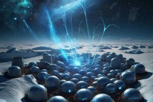 An artistic rendering of ultra-high energy neutrinos passing through the Earth, with the IceCube Observatory sensors deep in the Antarctic glacier at the south pole.