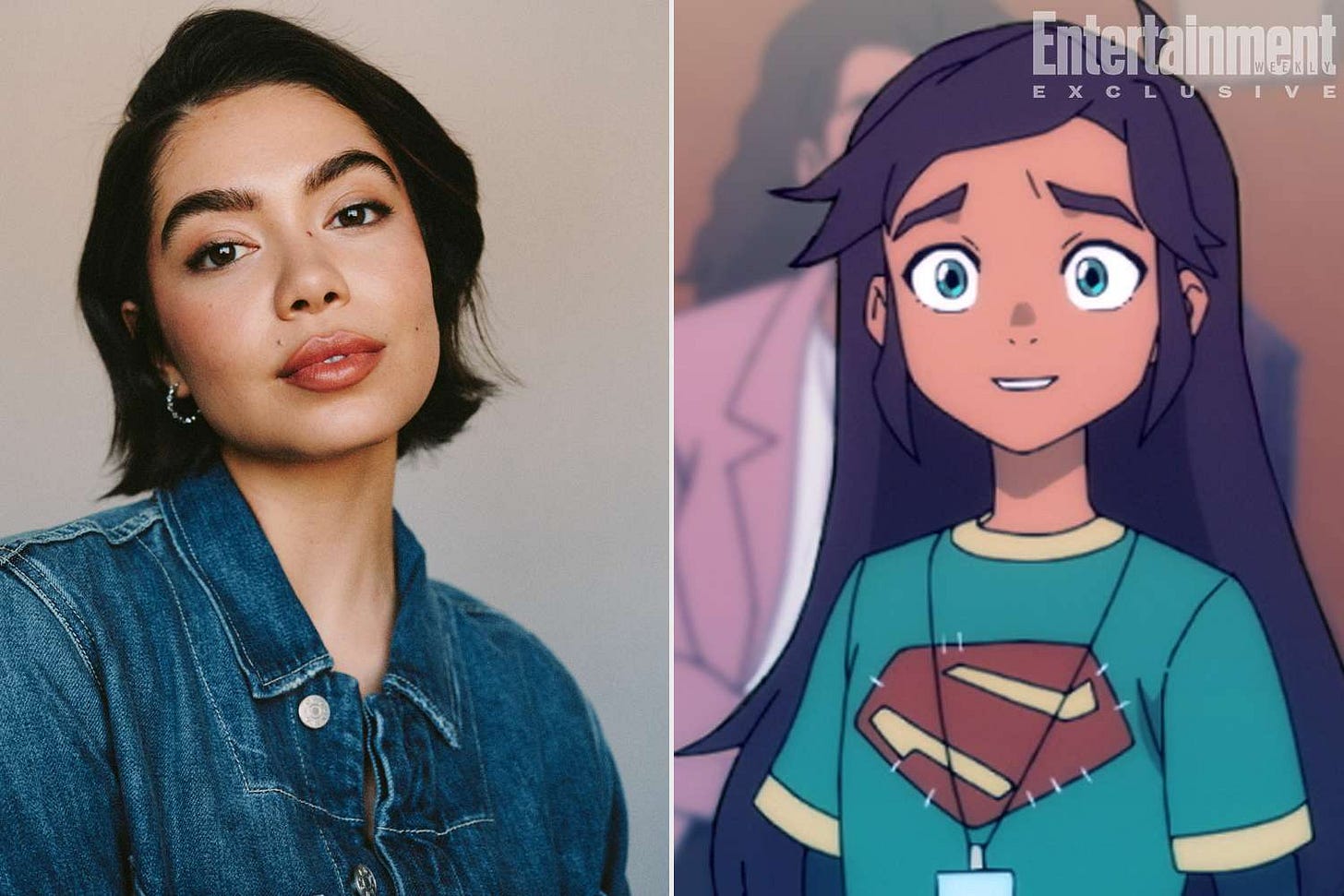 Aulii Cravalho alongside an animated character wearing a Superman logo Aulii Cravalho alongside an animated character wearing a Superman logo