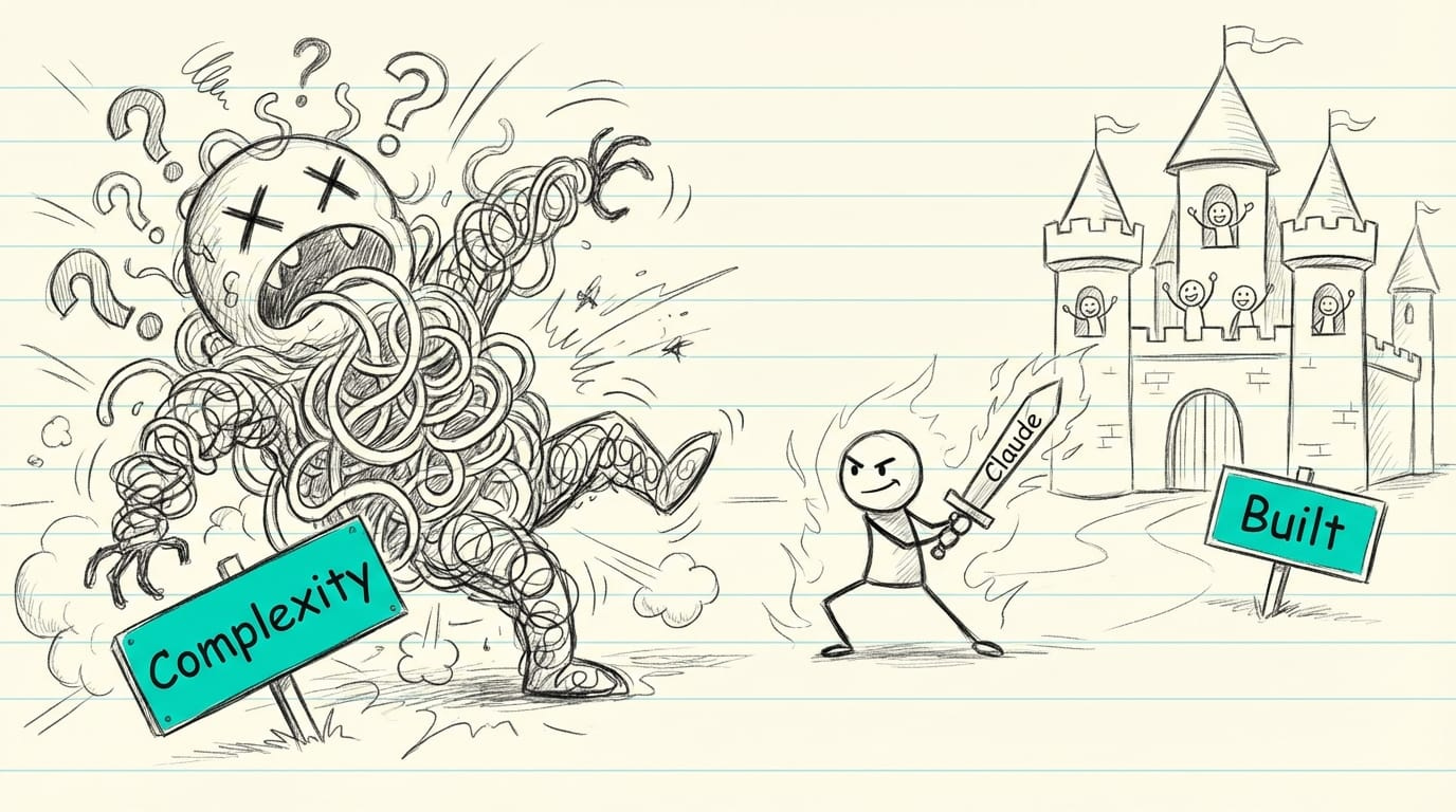 Non-coder defeats complexity monster using Claude Code AI, building a clean working CRM app—illustration of vibe coding victory over spaghetti code