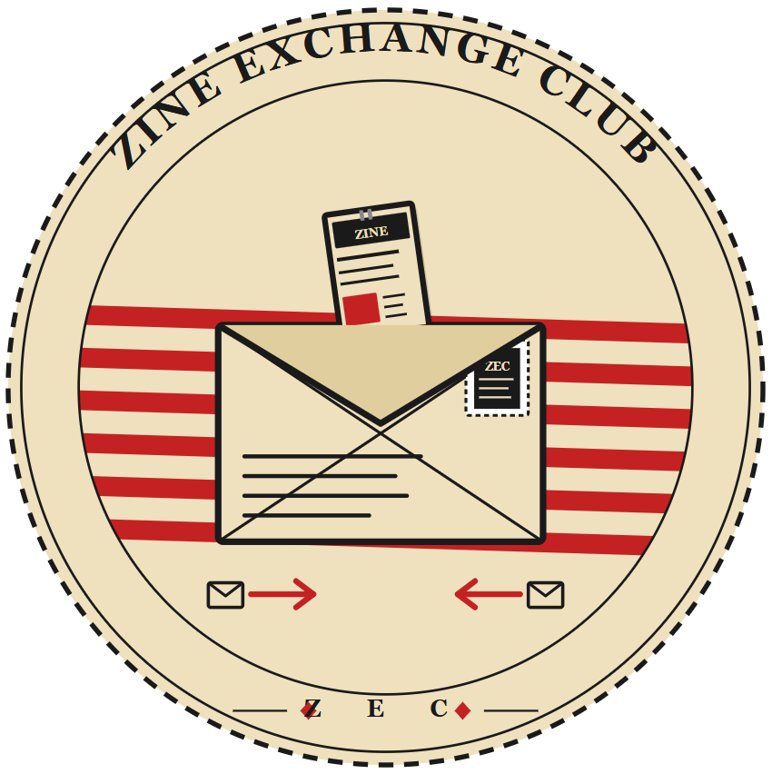Circular logo reading “Zine Exchange Club” with an envelope and zine illustration and red stripes. Circular logo reading “Zine Exchange Club” with an envelope and zine illustration and red stripes.
