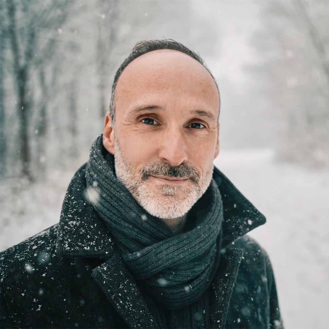 Portrait of a man in a dark winter coat and scarf standing on a snow-covered path in a quiet forest, with soft snowfall and a blurred background. Portrait of a man in a dark winter coat and scarf standing on a snow-covered path in a quiet forest, with soft snowfall and a blurred background.
