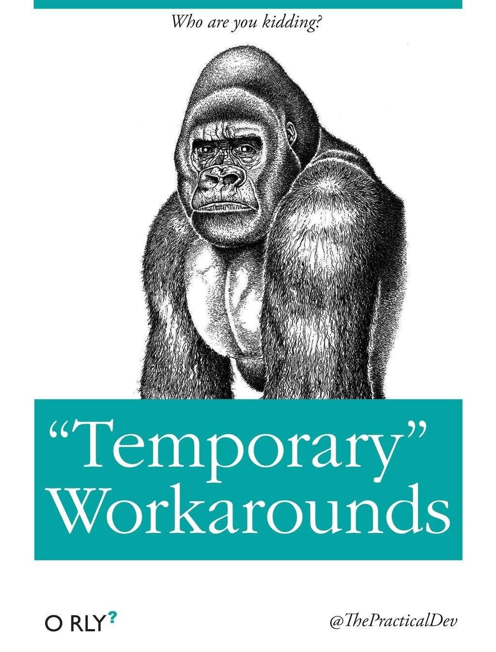 A fake book cover reading "Temporary Workarounds, who are you kidding?"
