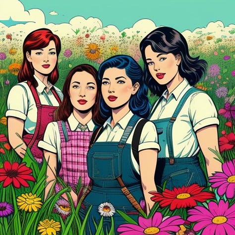Cartoon, bold coloured drawn images of femmes in varying types of suspenders - mostly aprons and lederhosen like garments amidst bright backgrounds and flowers.