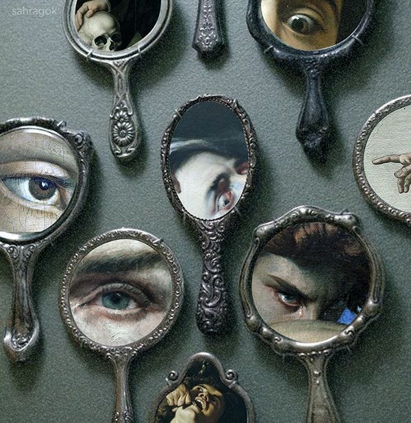 This may contain: there are many mirrors with different pictures on them