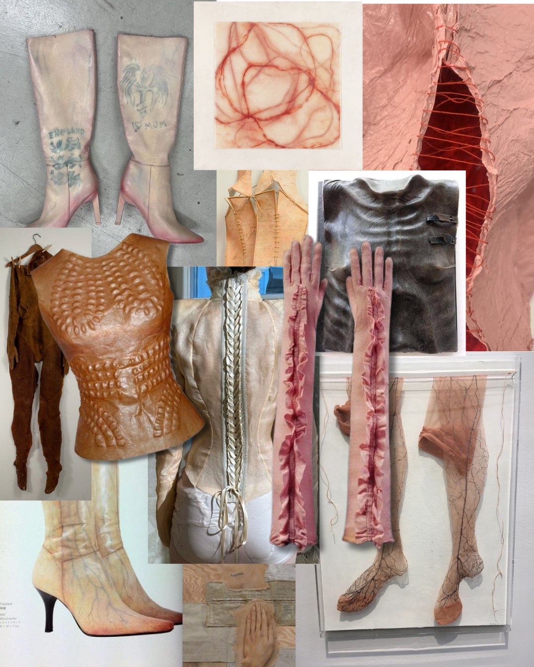 Met Gala 2026 second skin fashion mood board featuring human leather concept art, skin-toned tattoo boots, veined gloves, braided spine corset back, bubbled leather torso, and flesh-colored garments that mimic real human skin texture — Met Gala 2026 naked dressing predictions