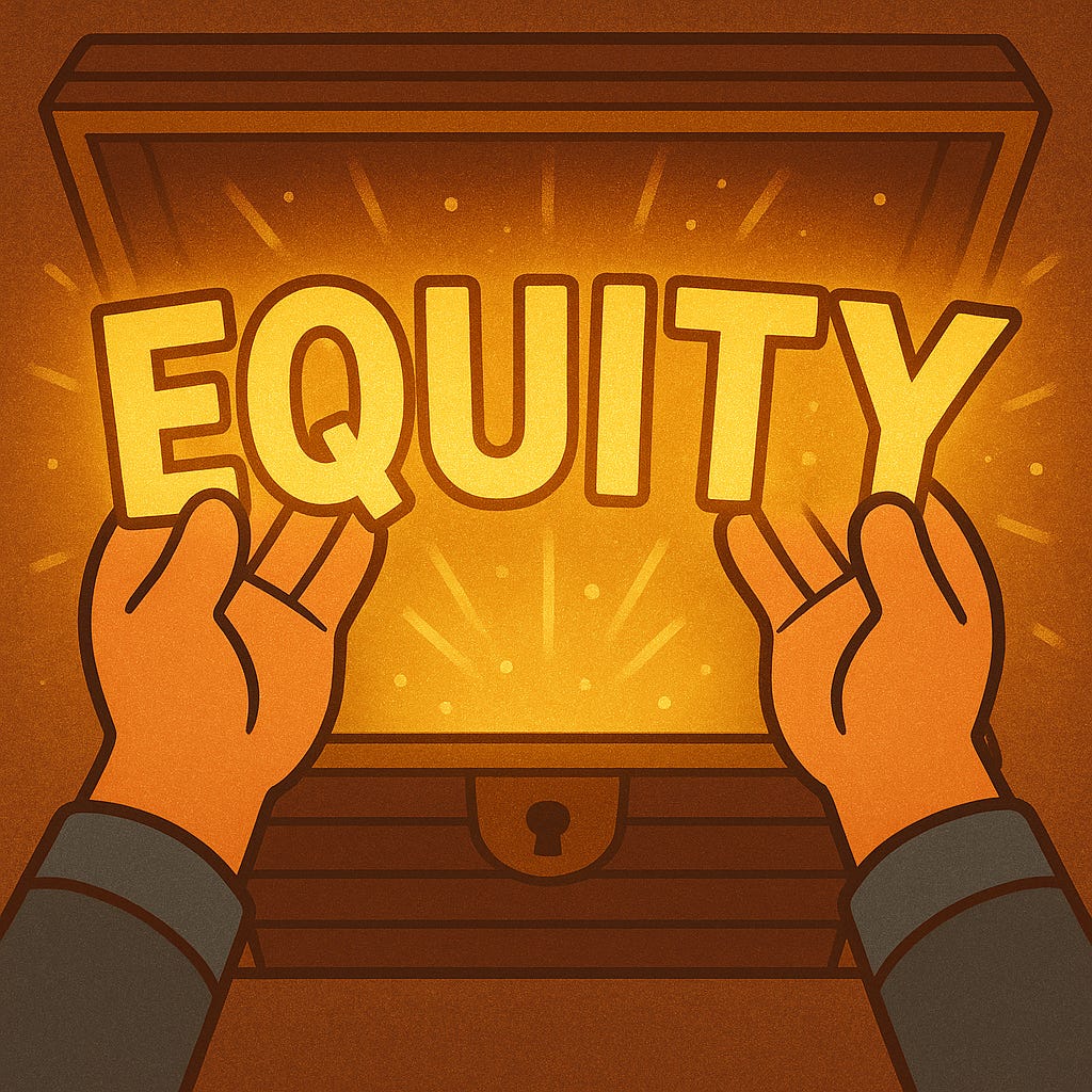 Hands lifting a glowing “EQUITY” sign from a treasure chest—symbolizing startup ownership and dilution in a friends-and-family round.