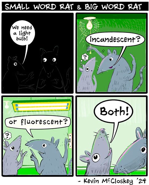 The rats are in the dark. Big Word rat asks if they should use an incandescent light or a fluorescent light. Small Word Rat says, “Both.”