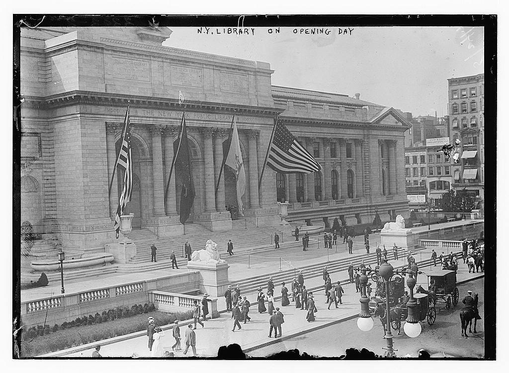 etching of the New York Public Library ediface with an American flag and some pedestrians and a carriage