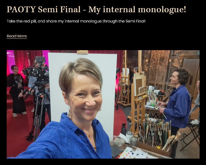 Gail on set in front of a blank canvas, about to paint Emma Bunton