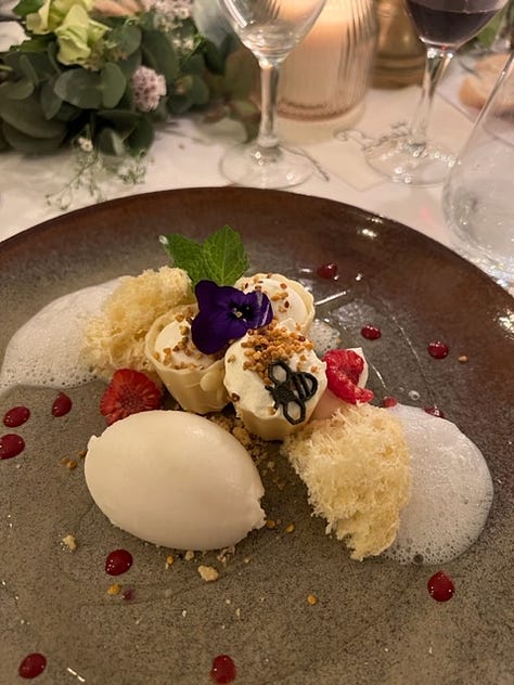 Photos of a multi-course meal with different plates of fish, meat and vegetables