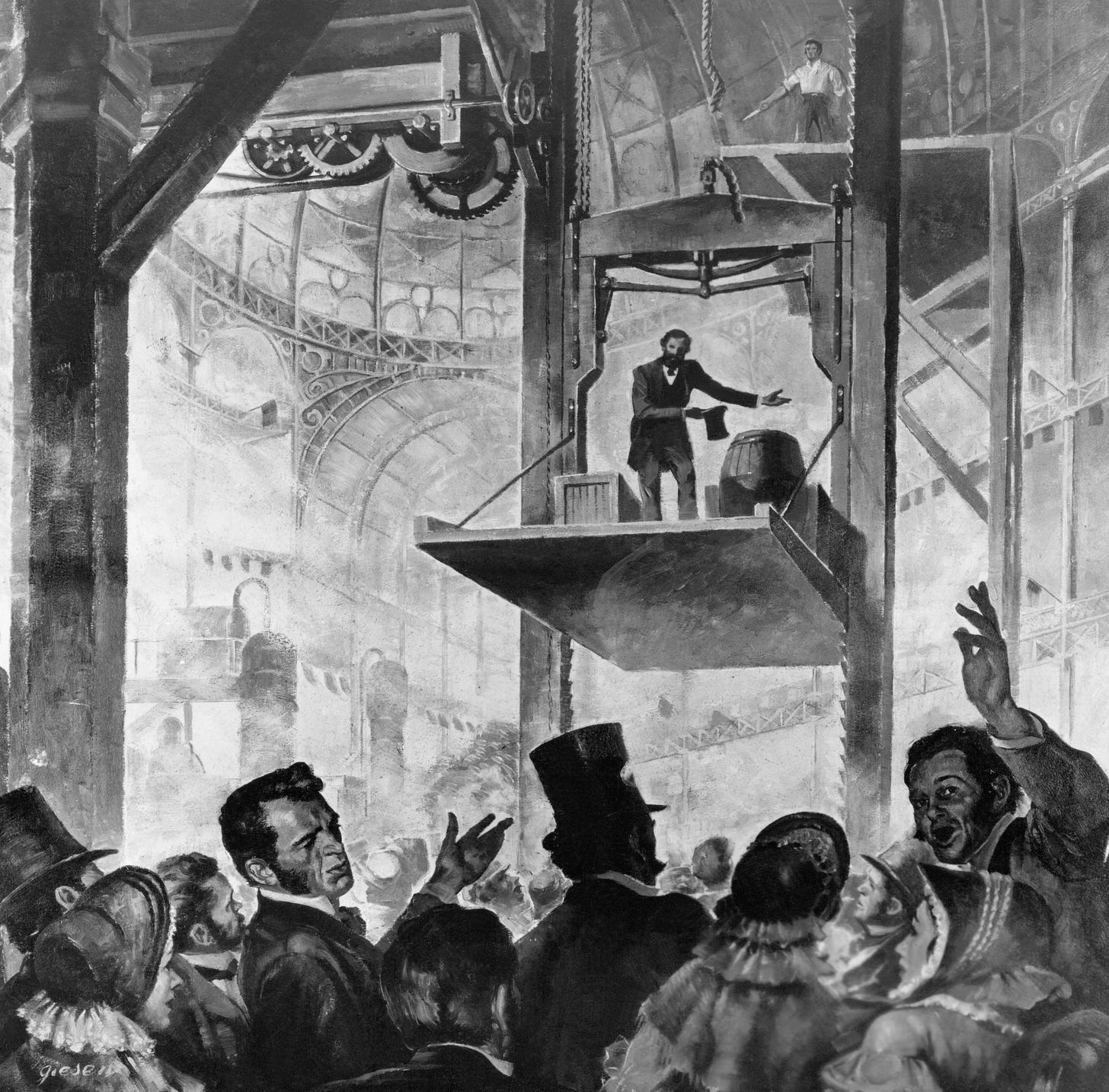 Elisha Otis demonstrates his elevator’s safety at New York’s Crystal Palace Exhibition, 1854, for the Poetry in America Substack Along These Lines