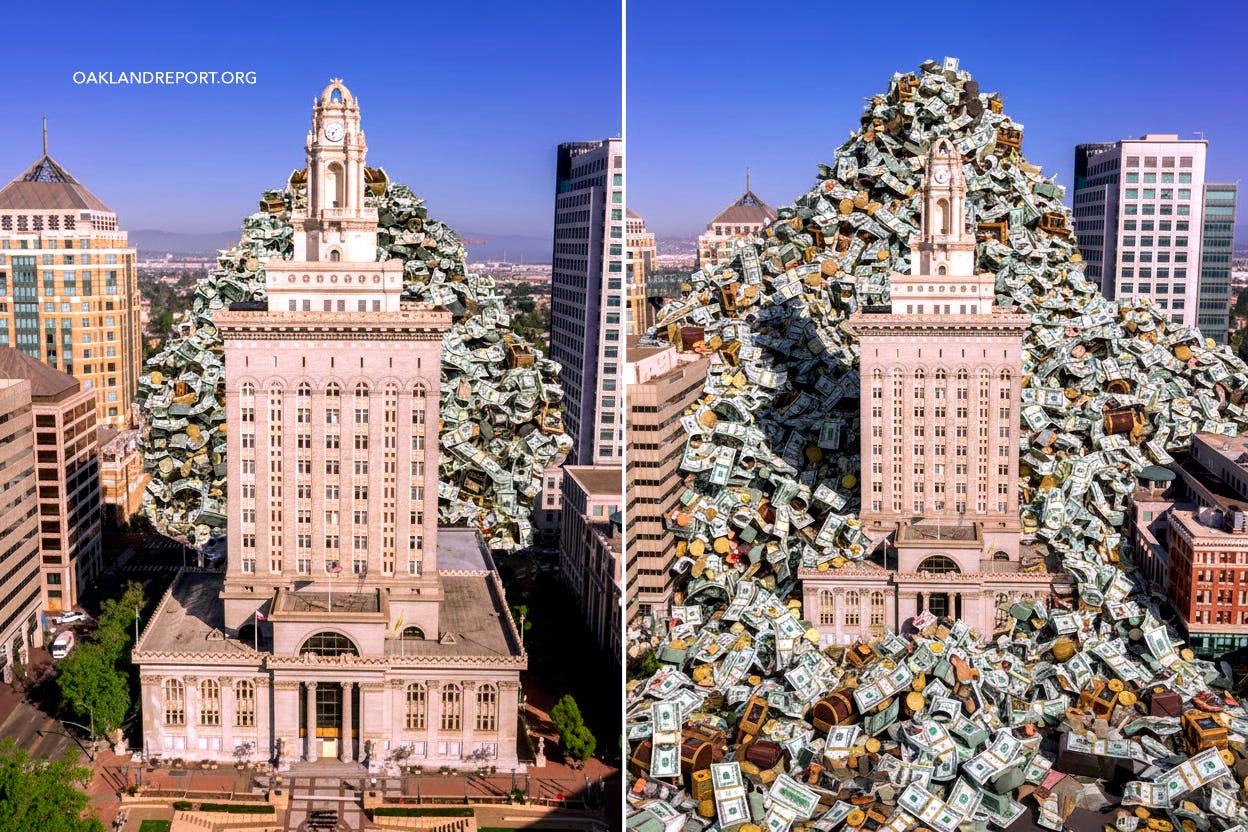 Oakland’s city government has been doing the fiscal equivalent of shrinkflation for two decades — making residents pay more for the same, and in some cases less product. (Image source: Oakland Report / Adobe Stock)