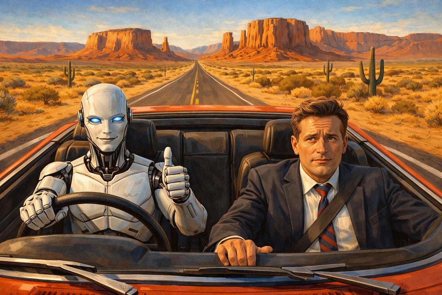 An editorial illustration of a humanoid robot with glowing blue eyes driving a red convertible through a Monument Valley desert landscape, one hand on the wheel, the other raised in a confident thumbs up. In the passenger seat, a businessman in a suit grips the door rail and stares ahead with a tense, uncertain expression. The road stretches to the horizon between red rock mesas. An editorial illustration of a humanoid robot with glowing blue eyes driving a red convertible through a Monument Valley desert landscape, one hand on the wheel, the other raised in a confident thumbs up. In the passenger seat, a businessman in a suit grips the door rail and stares ahead with a tense, uncertain expression. The road stretches to the horizon between red rock mesas.