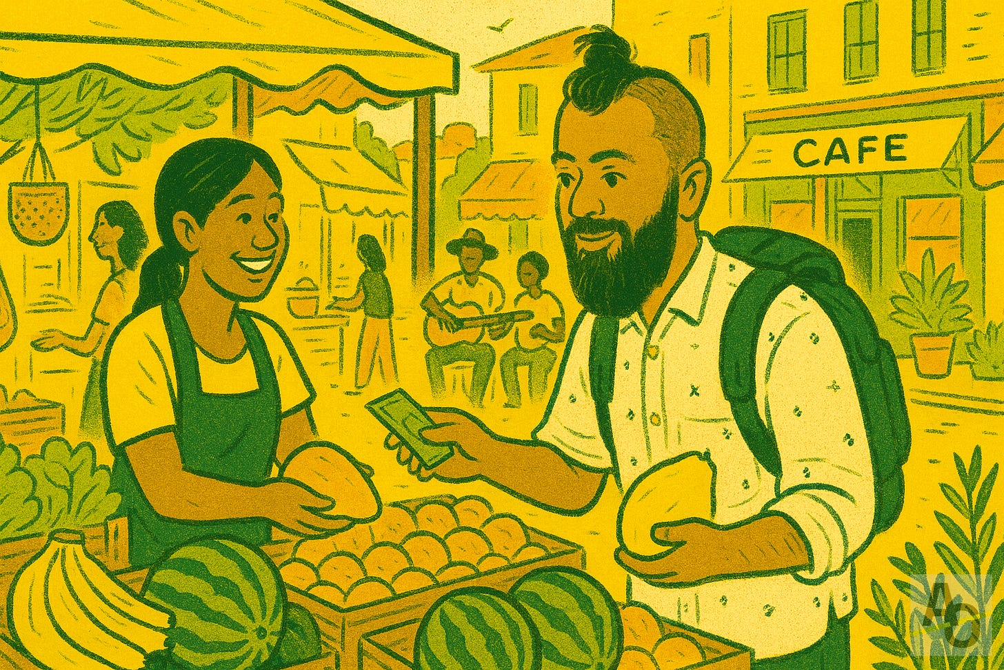 Illustration of a backpacked traveler buying fruit directly from a smiling market vendor at an open-air stall stocked with mangoes, bananas, and watermelons, with a café and street musicians in the background.