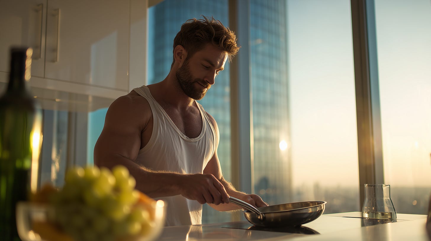 Fit strong male bodybuilder making a keto breakfast.