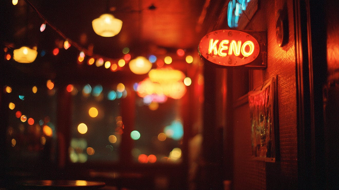 Retro-style bar interior with warm lighting, colorful string lights, and neon signage including a red “KENO” sign, creating a cozy nightlife ambiance.