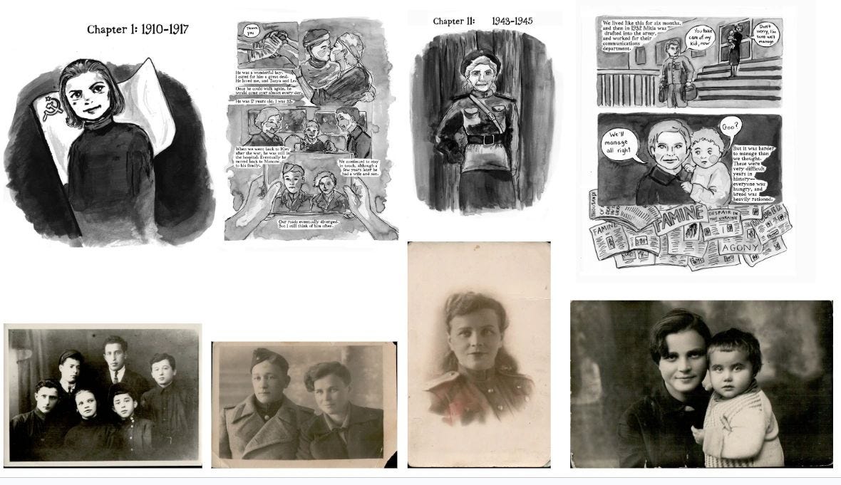 Early draft sketches by Julia Alekseyeva alongside original family photographs from c.1910–1917 (left) and 1943–1945 (right), reflecting a story that spans the major upheavals of the 20th century.