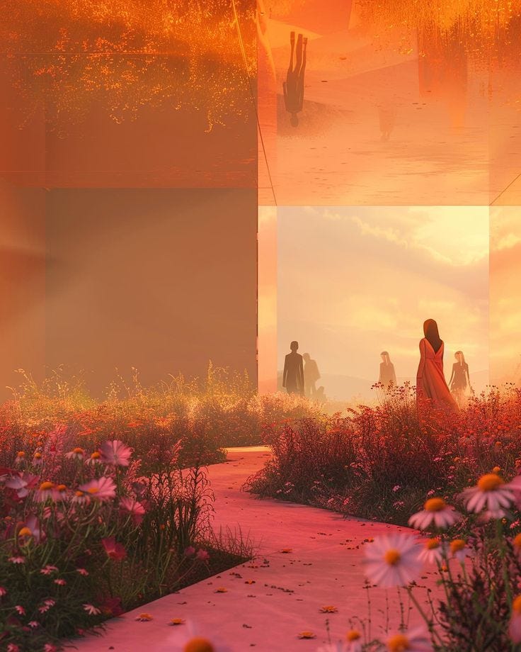 This may contain: two people are walking through a flower garden