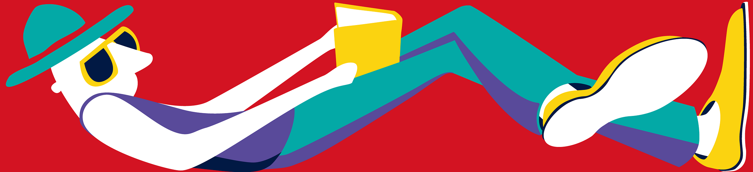 Illustration of someone reading a book while wearing a hat and sun glasses.