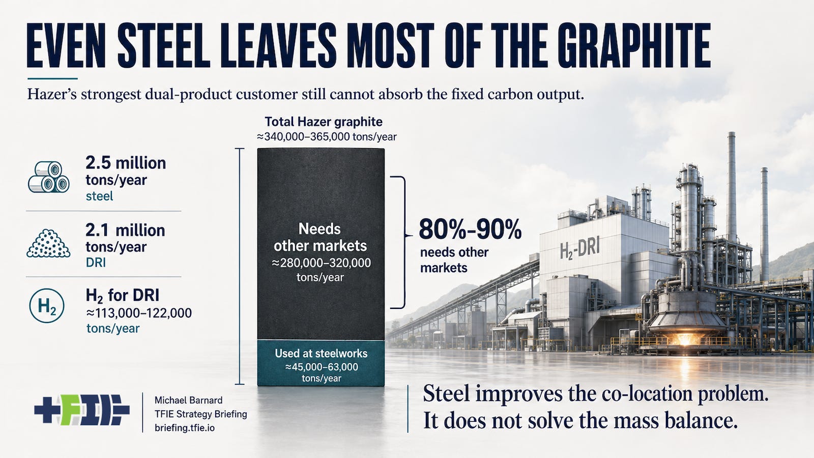 Hazer graphite balance for a large H₂-DRI steelworks showing most carbon requiring buyers beyond the steel plant.