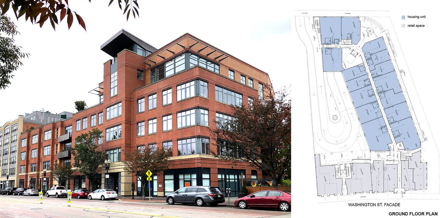 Figure 3. Laconia Lofts in South Boston is a condominium development completed in 1999, designed by David Hacin for developer Jack McLaughlin. It was built on city-owned land made available through an RFP. The project includes one-third resale-restricted live-work studios reserved for low-income artists. As MIT workshop participant Amy Fang and research assistant Ana Arenas and found in their research, bridging the differing priorities of market-rate and resale-restricted residents in such developments can be difficult. Photograph by Ana Arenas, 2020. Plan courtesy of David Hacin.