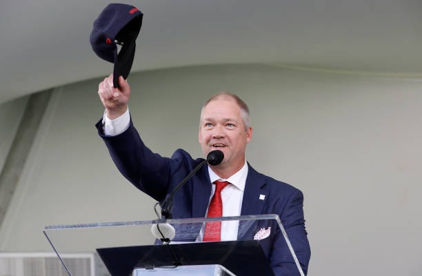 Scott Rolen gives his speech during the Baseball Hall of Fame induction ceremony at Clark Sports Center on July 23, 2023 in Cooperstown, New York.