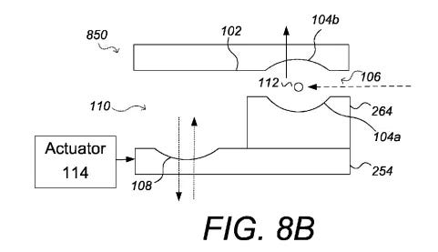 Nu Quantum 專利圖 FIG. 8B:鏡子 104a、104b 構成空腔 106,量子位元 112 位於其中,雷射從側面射入;另有致動器 114 與鏡子 102、108 Nu Quantum 專利圖 FIG. 8B:鏡子 104a、104b 構成空腔 106,量子位元 112 位於其中,雷射從側面射入;另有致動器 114 與鏡子 102、108