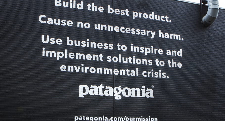 Patagonia mission statement painted on a wall: “Build the best product. Cause no unnecessary harm…”