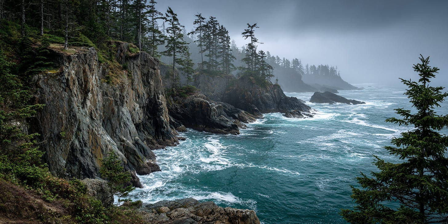 A foggy coastal cliff on the Pacific Rim Highway, with ocean waves crashing below, showcasing the dramatic beauty of Pacific Rim National Park. A foggy coastal cliff on the Pacific Rim Highway, with ocean waves crashing below, showcasing the dramatic beauty of Pacific Rim National Park.