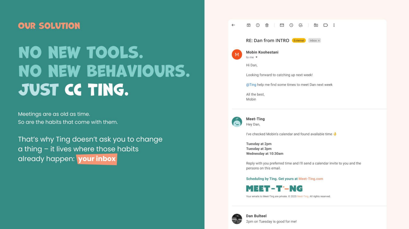 Screenshot showing Meet-Ting scheduling directly in an email thread, emphasizing frictionless workflow.