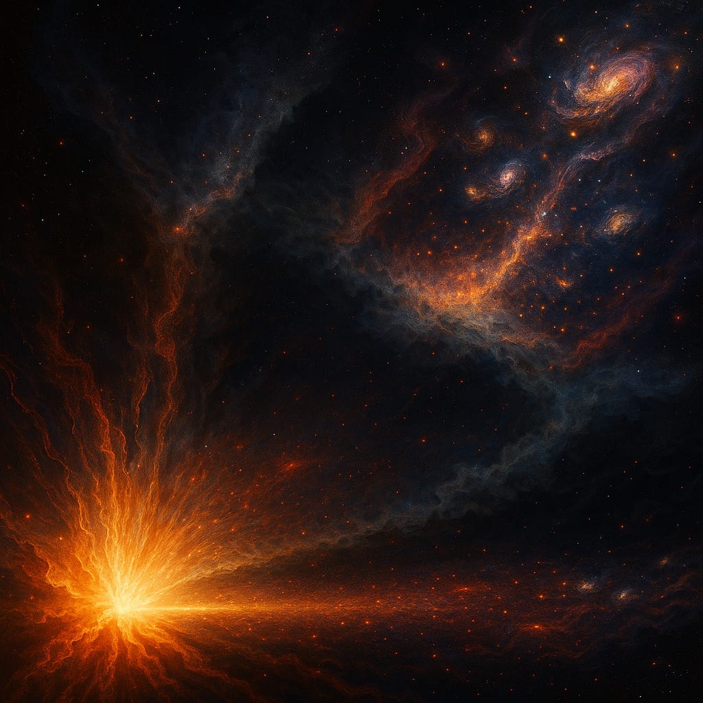 A visually rich square artwork tracing the universe’s evolution—from a radiant Big Bang through a shadowed, starless void, into the first glowing filaments of cosmic structure. MoM-z14 appears as a luminous, early galaxy amidst swirling matter, challenging the expected cosmic timeline.