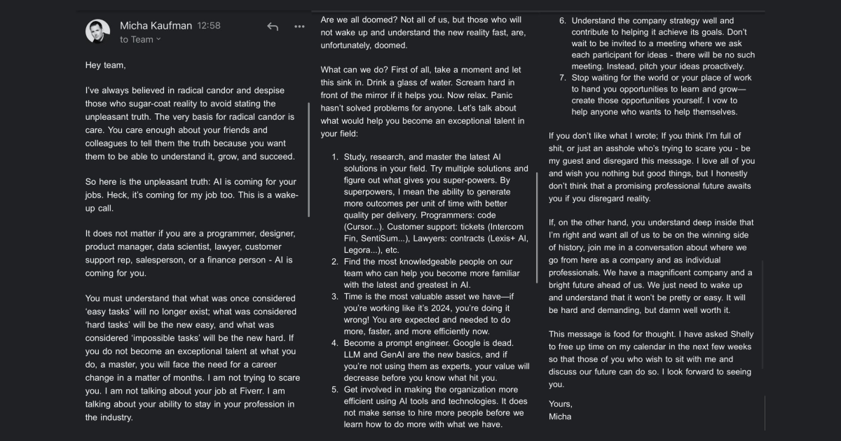 Micha Kaufman, CEO of Fiverr, leaked email and internal memo about AI adoption. Micha Kaufman, CEO of Fiverr, leaked email and internal memo about AI adoption.