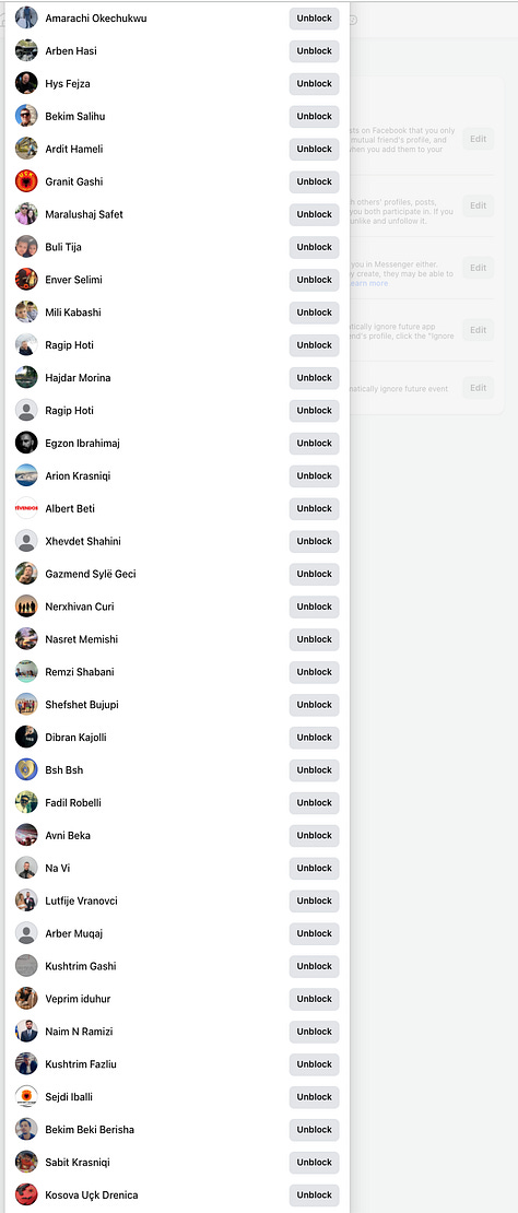 8 out of 17 full Screenshots of the Facebook Block List