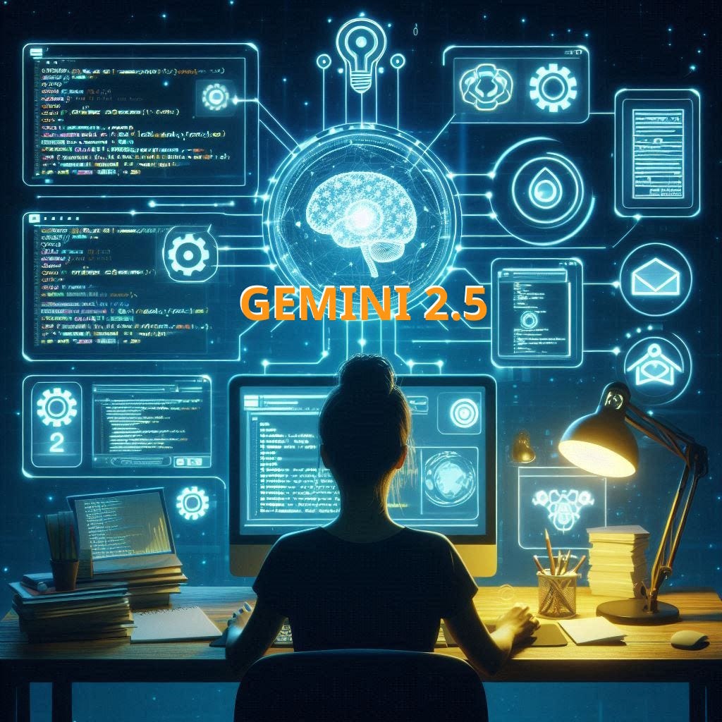 A female developer sits at a desk surrounded by glowing screens displaying code, neural network diagrams, and data interfaces, with “GEMINI 2.5” highlighted above — representing AI-powered development and tool orchestration using Gemini 2.5.