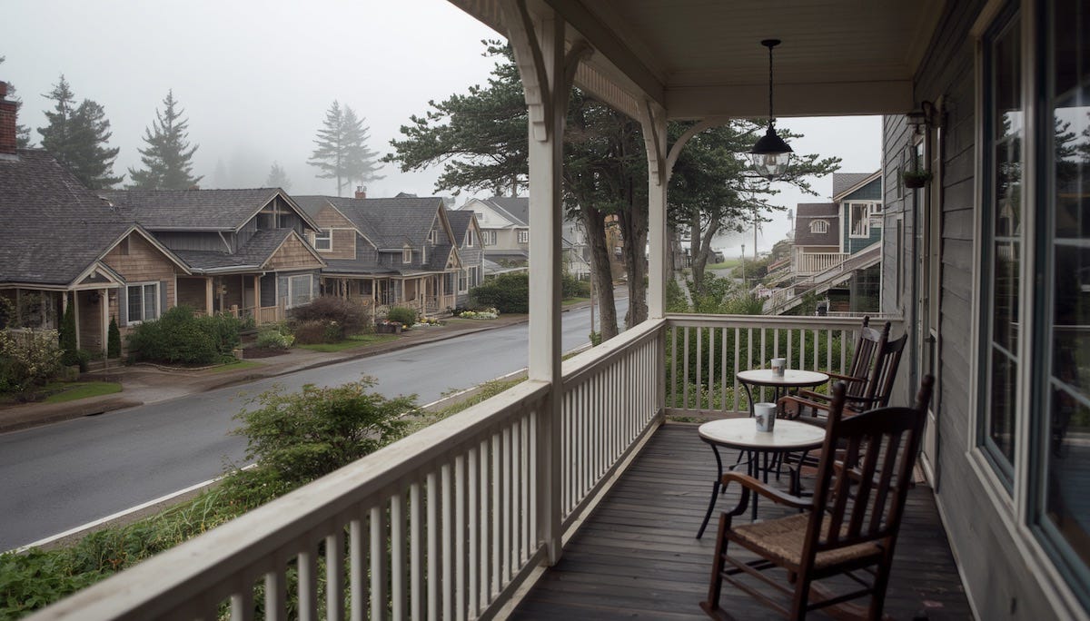 coastal inn, small Oregon Coast town, porch view coastal inn, small Oregon Coast town, porch view