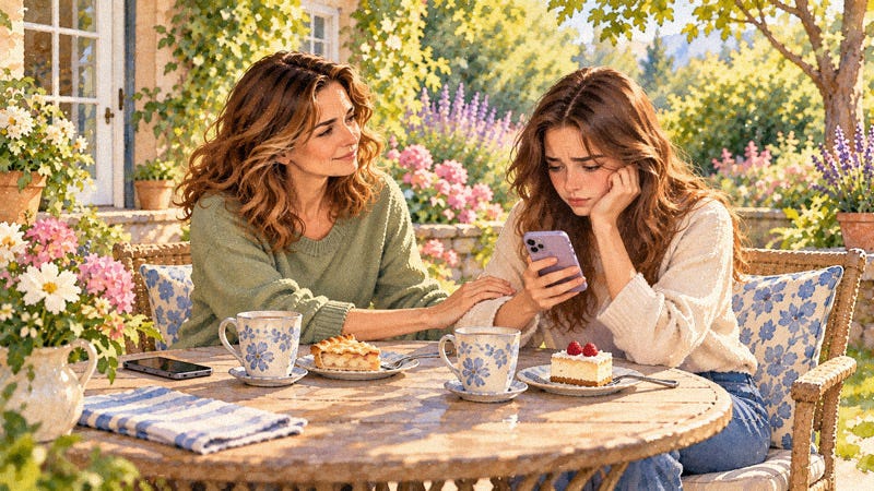 A highly sensitive woman gently reassures her anxious young adult daughter with a hand on her forearm. The daughter looks worried as she checks her smartphone. They sit at a sunlit garden patio table with coffee and desserts, surrounded by colorful flowers and greenery.