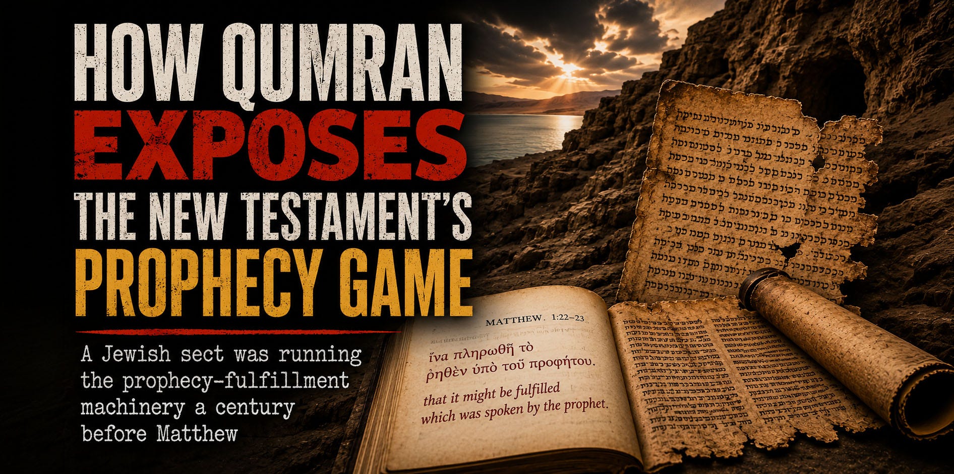 **Alt text:** Featured image for an article about the Dead Sea Scrolls and New Testament prophecy claims. Large distressed text reads “How Qumran Exposes the New Testament’s Prophecy Game” beside ancient Hebrew scroll fragments, an open Gospel manuscript displaying Matthew’s fulfillment formula, and a dramatic rocky landscape overlooking the Dead Sea at sunset. The image evokes historical investigation, biblical interpretation, and the relationship between the Qumran community and early Christianity. **Alt text:** Featured image for an article about the Dead Sea Scrolls and New Testament prophecy claims. Large distressed text reads “How Qumran Exposes the New Testament’s Prophecy Game” beside ancient Hebrew scroll fragments, an open Gospel manuscript displaying Matthew’s fulfillment formula, and a dramatic rocky landscape overlooking the Dead Sea at sunset. The image evokes historical investigation, biblical interpretation, and the relationship between the Qumran community and early Christianity.
