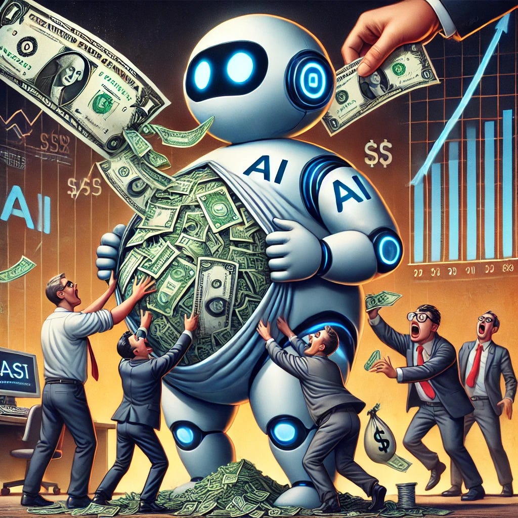 A cartoonish and symbolic scene showing investors eagerly shoving dollar bills into a personified figure representing AI. The AI figure is depicted as a humanoid with a robotic and digital-themed appearance. As the investors continue to push money into it, the AI figure grows fatter and rounder, looking increasingly strained and on the verge of bursting. The background features a chaotic financial setting, with charts, numbers, and currency symbols, emphasizing the frenzy of investment. The overall tone is exaggerated and satirical, capturing the overinflation of the AI industry.