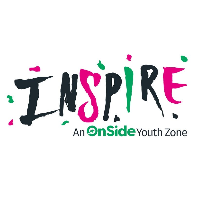 A white background with black, pink, and green lettering that reads "INSPIRE An OnSide Youth Zone"