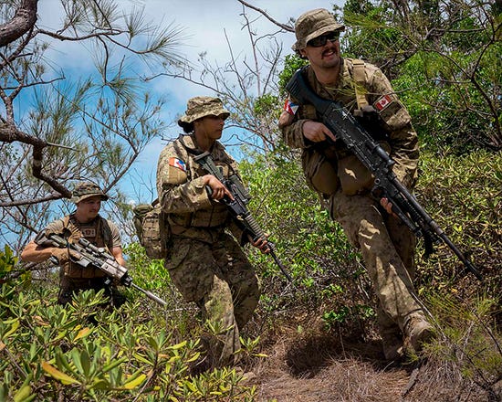 A group of Canadian Armed Forces and U.S. Marines wearing camouflage uniforms and carrying rifles move in a patrol formation through dense coastal vegetation during a jungle training exercise, with shrubs and trees surrounding the path under a bright sky.